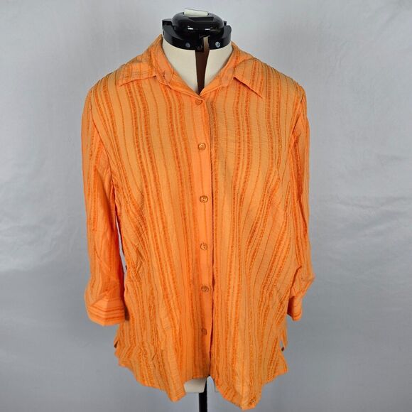 CJ Banks Blouse Women's 1X Orange Striped Button Down 3/4 Sleeve Collar NWT - Picture 1 of 16